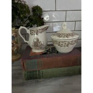 Thanksgiving Creamer & Sugar Bowl w/o lid Myott Factory Brown & White